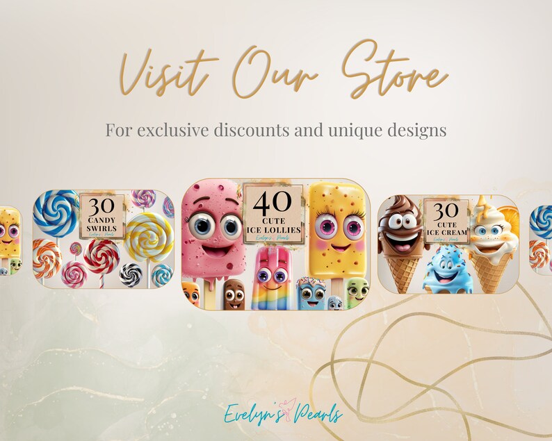 May include: A digital illustration of 3 sets of colorful cartoon ice cream and candy. The first set is 30 candy swirls, the second set is 40 ice lollies, and the third set is 30 cute ice cream. The text "Evelyn's Pearls" is at the bottom of the image.
