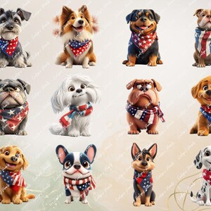 Alt Text 5:
Grid featuring 12 different cartoon dogs like bulldogs, retrievers, and beagles in red, white, and blue scarves, set against a soft neutral gradient backdrop.