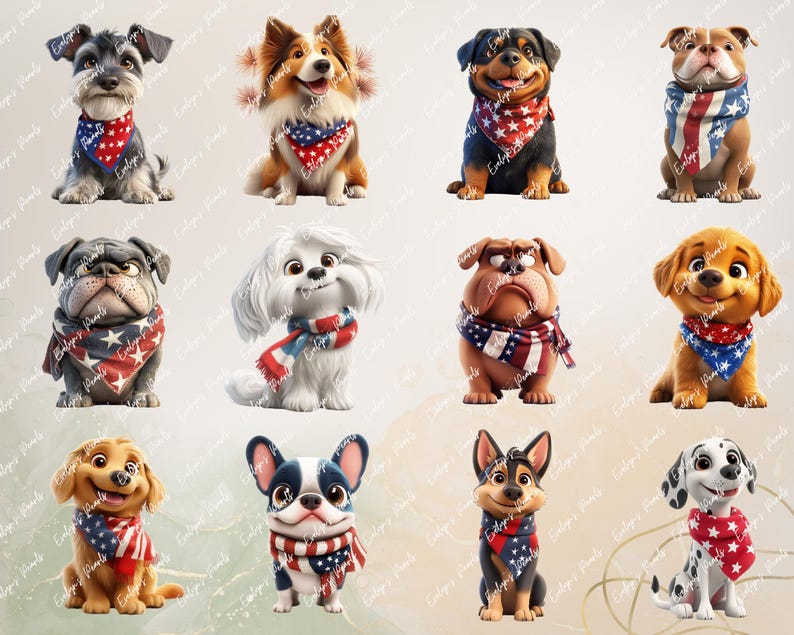 Alt Text 5:
Grid featuring 12 different cartoon dogs like bulldogs, retrievers, and beagles in red, white, and blue scarves, set against a soft neutral gradient backdrop.