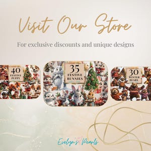 "Shop banner showcasing festive collections including 40 Festive Puppy, 35 Festive Bunnies, and 30 Winter Bears, each featuring adorable holiday-themed animal characters."