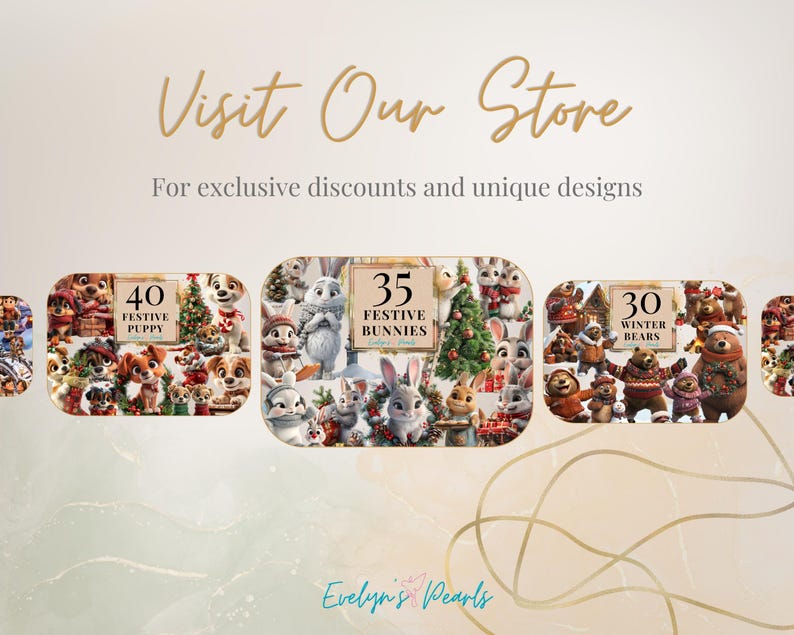 "Shop banner showcasing festive collections including 40 Festive Puppy, 35 Festive Bunnies, and 30 Winter Bears, each featuring adorable holiday-themed animal characters."