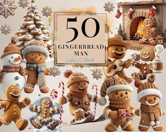 May include: A collection of 50 gingerbread men in various poses and designs. The gingerbread men are decorated with icing, sprinkles, and candy. The image also includes a gingerbread house and a gingerbread tree.