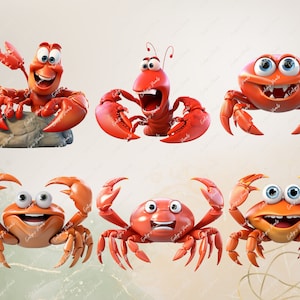 May include: Six cartoon crabs and lobsters with different expressions. The crabs are red and orange with big eyes and smiles. The lobsters are red with big eyes and open mouths.