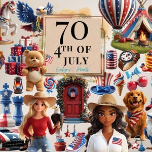 May include: A collection of 4th of July themed items, including a carousel horse, a red, white and blue eagle, a teddy bear, a red, white and blue can, a red, white and blue hot air balloon, a red, white and blue tent, a red, white and blue cupcake, a red, white and blue chess set, a red, white and blue door, a red, white and blue dog, a red, white and blue eagle, a red, white and blue hat, a red, white and blue shirt, a red, white and blue watch, a red, white and blue flag, and the text "70 4th of July Evelyn's Pearls".