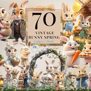 Bunny clipart vintage bunny lente png schattig grillig konijntje clipart partij baby shower png wilde bloemen sublimatie | Clipart voor commercieel gebruik