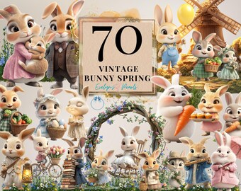 Bunny Clipart Vintage Bunny Spring PNG Cute Whimsical Bunny Clipart Party Baby Shower PNG Wildflowers Sublimation | Commercial Use Clipart