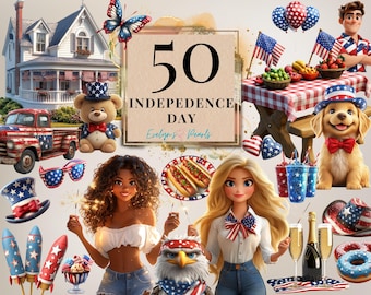 USA Independence Day Clipart 4th of July Celebration Clipart Fireworks, Food Decor PNG Patriotic Girl Clipart Summer Picnic High Quality PNG
