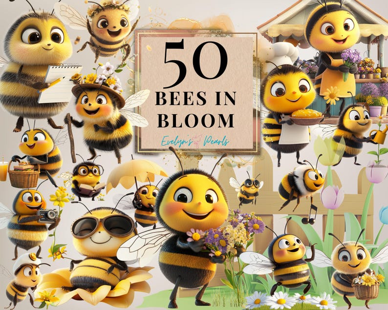 May include: A colorful illustration of 50 cartoon bees in various poses, some with flowers, some with honey, and some with tools. The text "50 Bees in Bloom" is in the center of the image.