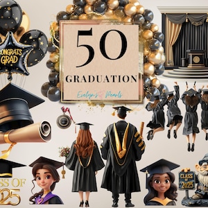 Clipart de graduación Clase de 2025 Graduación PNG Clipart de chica graduada Clipart de fiesta de graduación Tarjeta / Uso comercial Clipart transparente