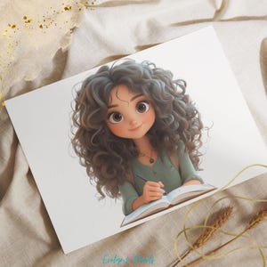 May include: A cartoon illustration of a girl with long, curly brown hair wearing a green shirt and writing in a notebook.