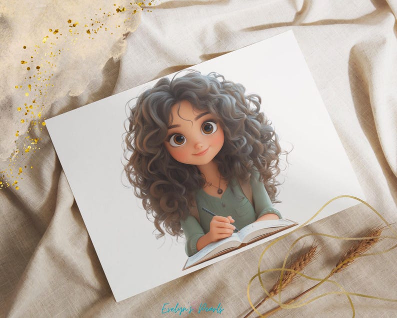 May include: A cartoon illustration of a girl with long, curly brown hair wearing a green shirt and writing in a notebook.