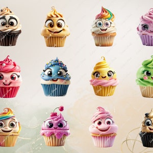 May include: Twelve colorful cupcakes with different frosting and faces. Each cupcake has a unique expression, including happy, surprised, and silly.