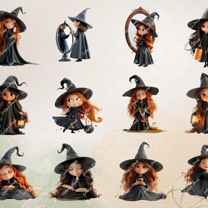 May include: A collection of illustrations featuring cartoon witches with long hair, wearing black dresses and pointed hats. Some witches hold lanterns, shopping bags, or look into a mirror. The witches have red, brown, and black hair.