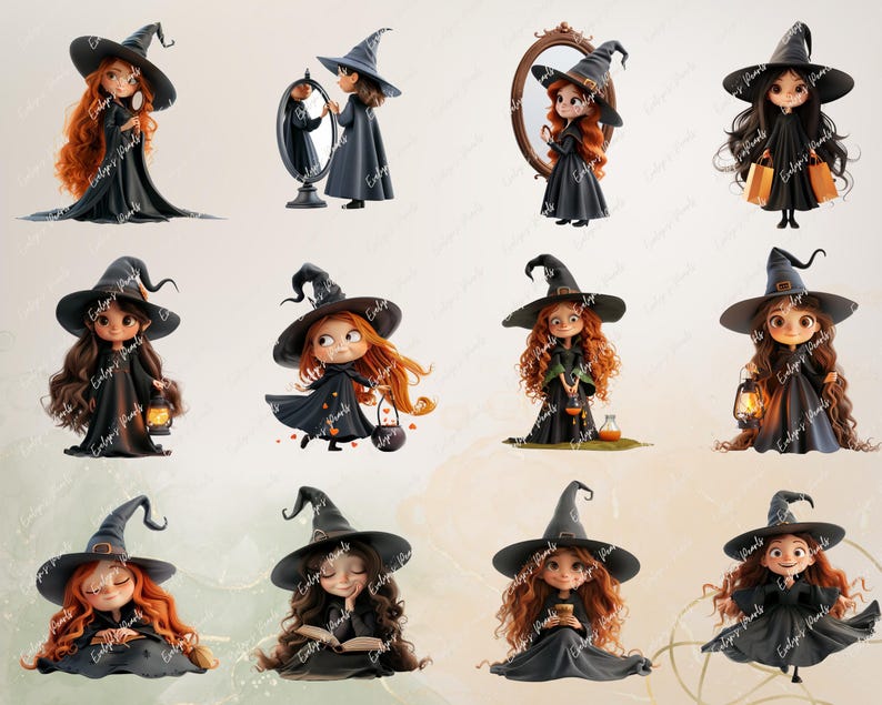 May include: A collection of illustrations featuring cartoon witches with long hair, wearing black dresses and pointed hats. Some witches hold lanterns, shopping bags, or look into a mirror. The witches have red, brown, and black hair.