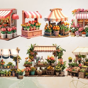 Pu&ograve; includere: Una collezione di sette stand di fiori in miniatura con tende a strisce colorate e vari fiori. Gli stand sono in legno e hanno un fascino rustico. Sono perfetti per aggiungere un tocco di fantasia a qualsiasi arredamento domestico.
