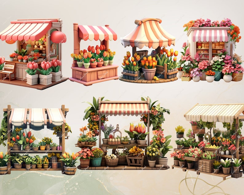 Pu&ograve; includere: Una collezione di sette stand di fiori in miniatura con tende a strisce colorate e vari fiori. Gli stand sono in legno e hanno un fascino rustico. Sono perfetti per aggiungere un tocco di fantasia a qualsiasi arredamento domestico.