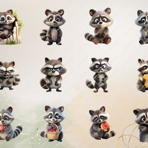 Pode incluir: Uma cole&ccedil;&atilde;o de dez ilustra&ccedil;&otilde;es de guaxinins de desenhos animados. Os guaxinins s&atilde;o retratados em v&aacute;rias poses e express&otilde;es, incluindo segurando comida, sentados em um toco de &aacute;rvore e com apar&ecirc;ncia de raiva.