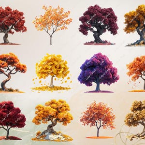 Op de afbeelding: Twaalf digitale illustraties van bomen in verschillende herfstkleuren, waaronder rood, oranje, geel, paars en bruin. De bomen zijn afgebeeld tegen een witte achtergrond.