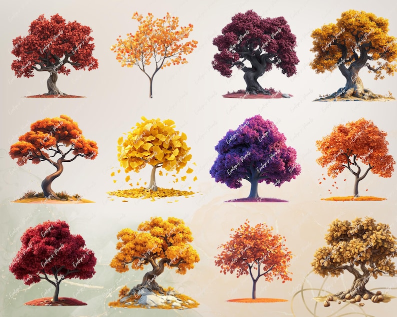 Op de afbeelding: Twaalf digitale illustraties van bomen in verschillende herfstkleuren, waaronder rood, oranje, geel, paars en bruin. De bomen zijn afgebeeld tegen een witte achtergrond.