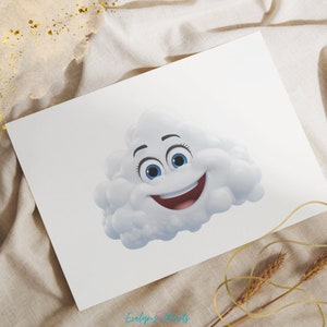 May include: A white cartoon cloud with a smiling face, blue eyes, and a red mouth. The cloud has a 3D appearance.
