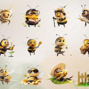 May include: A collection of ten cartoon bee illustrations. The bees are depicted in various poses, including reading a book, holding a watering can, and carrying a basket of honey. The bees are all wearing different outfits, such as hats, sunglasses, and dresses. The illustrations are set against a white background.