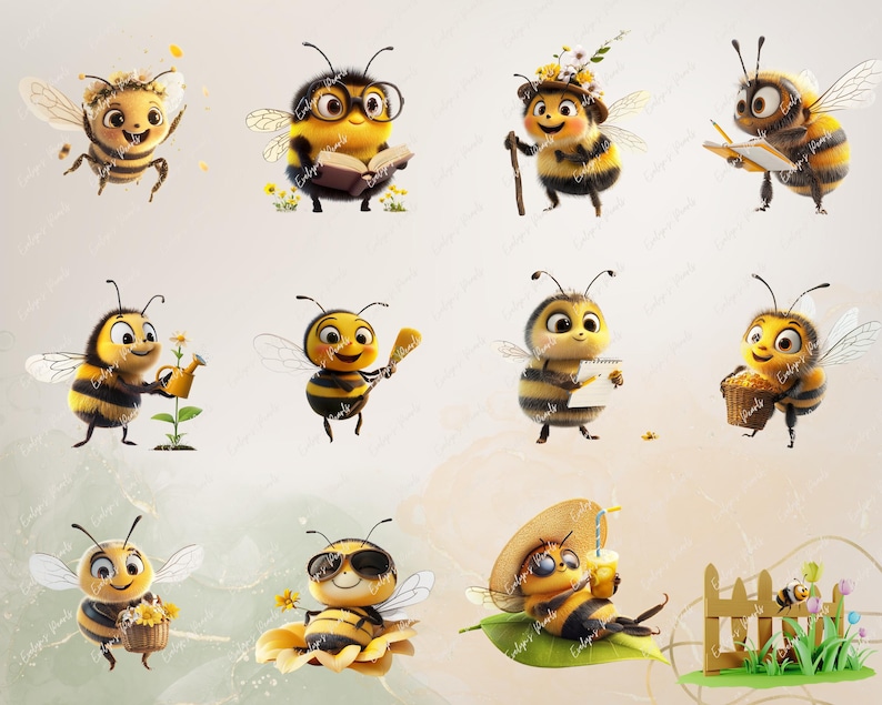 May include: A collection of ten cartoon bee illustrations. The bees are depicted in various poses, including reading a book, holding a watering can, and carrying a basket of honey. The bees are all wearing different outfits, such as hats, sunglasses, and dresses. The illustrations are set against a white background.