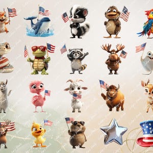 A playful penguin, blue whale, and raccoon waving flags and surrounded by fireworks and star decorations in a fun, kid-friendly style.