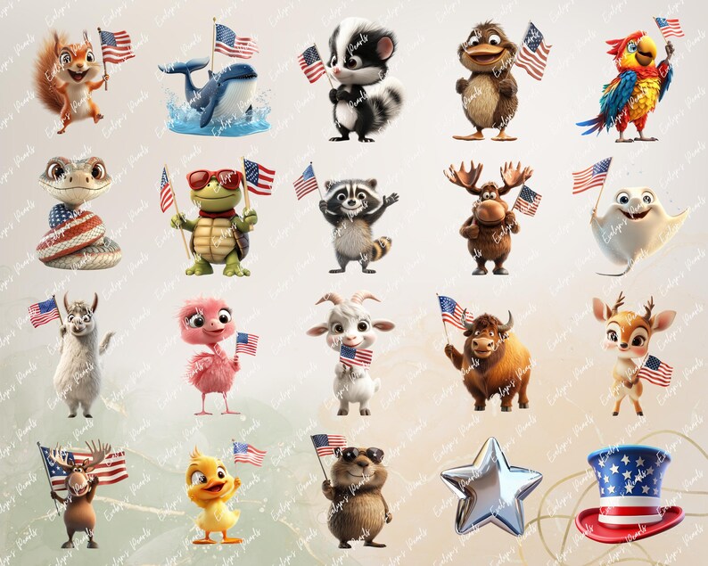 A playful penguin, blue whale, and raccoon waving flags and surrounded by fireworks and star decorations in a fun, kid-friendly style.