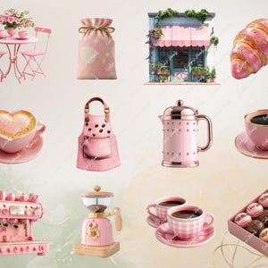 Pu&ograve; includere: Una collezione di articoli da cucina e decorazioni per la casa rosa, tra cui una macchina per il caff&egrave;, una teiera, una tazza da caff&egrave; a forma di cuore, un dolce, un tavolo e sedie, una borsa e un grembiule.
