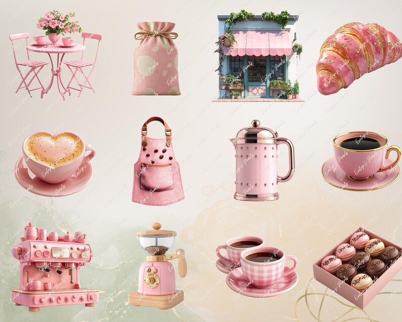 Pu&ograve; includere: Una collezione di articoli da cucina e decorazioni per la casa rosa, tra cui una macchina per il caff&egrave;, una teiera, una tazza da caff&egrave; a forma di cuore, un dolce, un tavolo e sedie, una borsa e un grembiule.