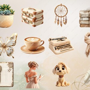 May include: A collection of vintage-inspired illustrations featuring a butterfly, a typewriter, a stack of books, a potted succulent, a cup of coffee, a suitcase, a dreamcatcher, a feather, a notebook, a scarf, a girl with a book, and a cartoon dog.