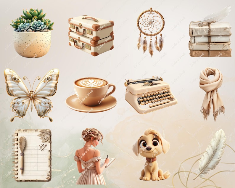 May include: A collection of vintage-inspired illustrations featuring a butterfly, a typewriter, a stack of books, a potted succulent, a cup of coffee, a suitcase, a dreamcatcher, a feather, a notebook, a scarf, a girl with a book, and a cartoon dog.