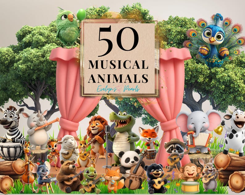 Alt Text 1:
A colorful forest stage with red curtains showcases 50 adorable cartoon animals playing musical instruments, including a panda, lion, zebra, and elephant. Perfect for children’s decor or playful projects.