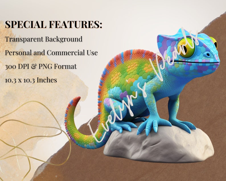 May include: A colorful chameleon with blue, green, yellow, orange, and purple scales sits on a gray rock. The chameleon has a large, bright yellow eye. The background is transparent.