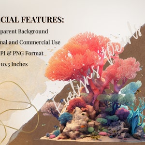 May include: A digital illustration of a coral reef with colorful coral, fish, and a rocky bottom. The image is set against a transparent background and is 10.3 inches by 10.3 inches.