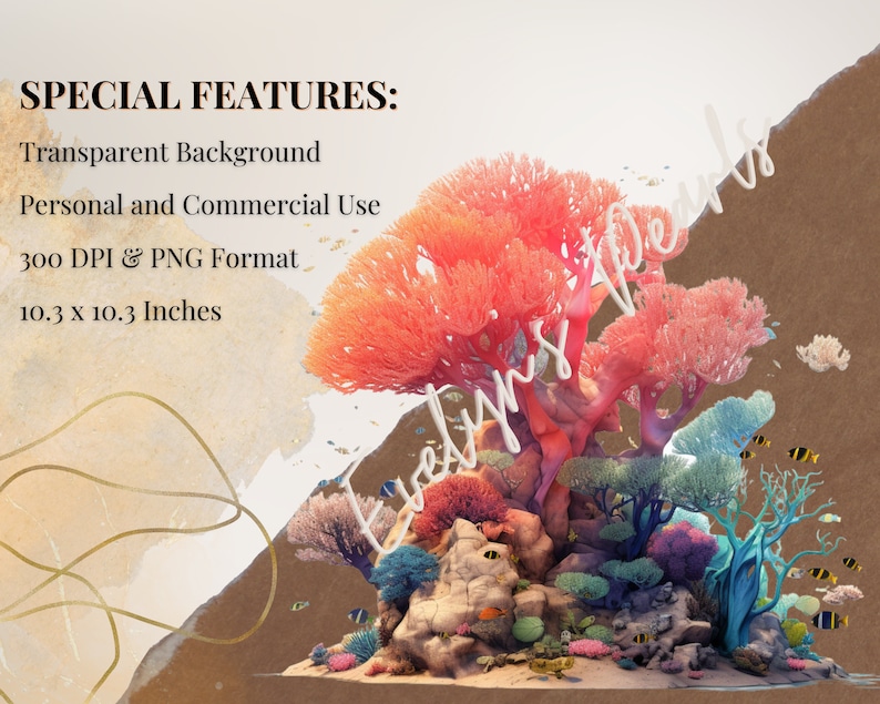 May include: A digital illustration of a coral reef with colorful coral, fish, and a rocky bottom. The image is set against a transparent background and is 10.3 inches by 10.3 inches.