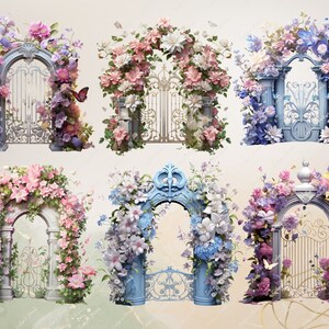 May include: Six decorative arches adorned with colorful flowers. Each arch features a unique, ornate metal gate with intricate designs. The arches are perfect for adding a touch of whimsy and romance to any event.