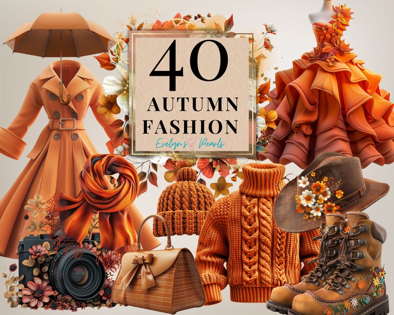May include: A collection of 40 autumn fashion items, including a brown coat, a scarf, a hat, a jumper, a handbag, boots, and a dress. The image also includes a vintage camera and an umbrella.