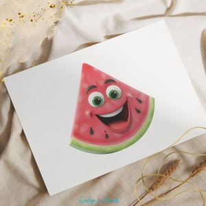 Puede incluir: Una rebanada de sand&iacute;a roja con una cara sonriente y ojos verdes. La sand&iacute;a es de estilo de dibujos animados y tiene un fondo blanco.