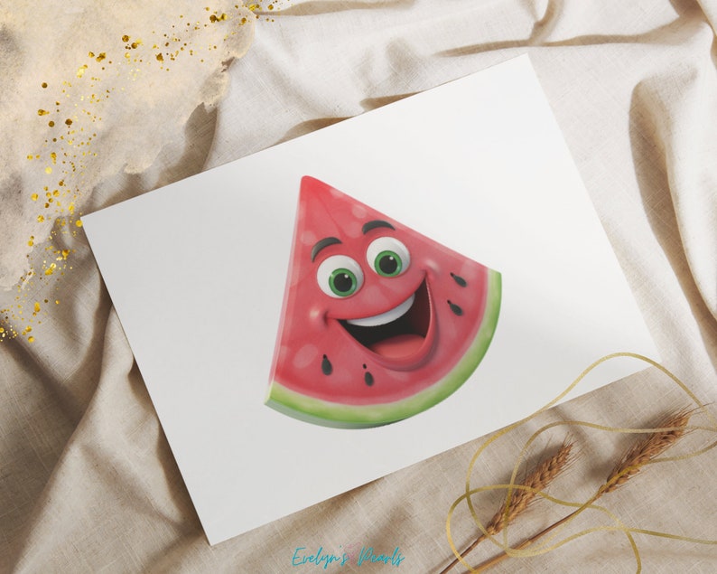 Puede incluir: Una rebanada de sand&iacute;a roja con una cara sonriente y ojos verdes. La sand&iacute;a es de estilo de dibujos animados y tiene un fondo blanco.