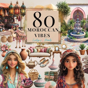 Éléments PNG de la culture marocaine, lanternes marocaines, arches de tapis, fontaines, clipart de haute qualité pour usage commercial
