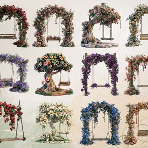 May include: Ten different floral archways with swings hanging from them. The arches are made of wood and are decorated with various types of flowers, including roses, wisteria, and lilies. The swings are made of rope and wood.