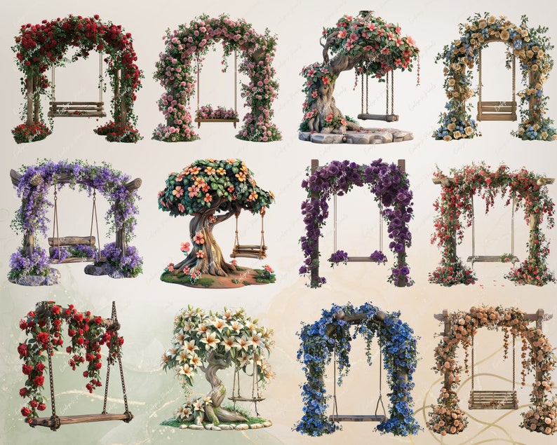 May include: Ten different floral archways with swings hanging from them. The arches are made of wood and are decorated with various types of flowers, including roses, wisteria, and lilies. The swings are made of rope and wood.