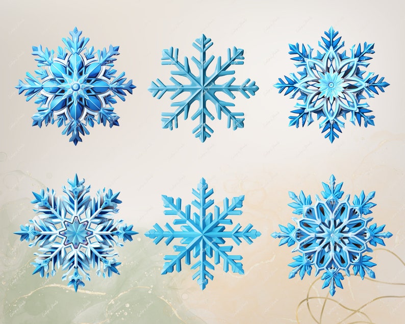Op de afbeelding: Zes blauwe sneeuwvlokontwerpen met ingewikkelde details. De sneeuwvlokken zijn gerangschikt in twee rijen van drie. De achtergrond is lichtbeige.