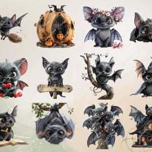 May include: A set of 10 digital clipart images featuring cute cartoon bats in various Halloween-themed poses. The bats are gray with big eyes and are depicted in scenes such as flying with a broom, holding a book, wearing a witch's hat, and sitting on a tree branch.