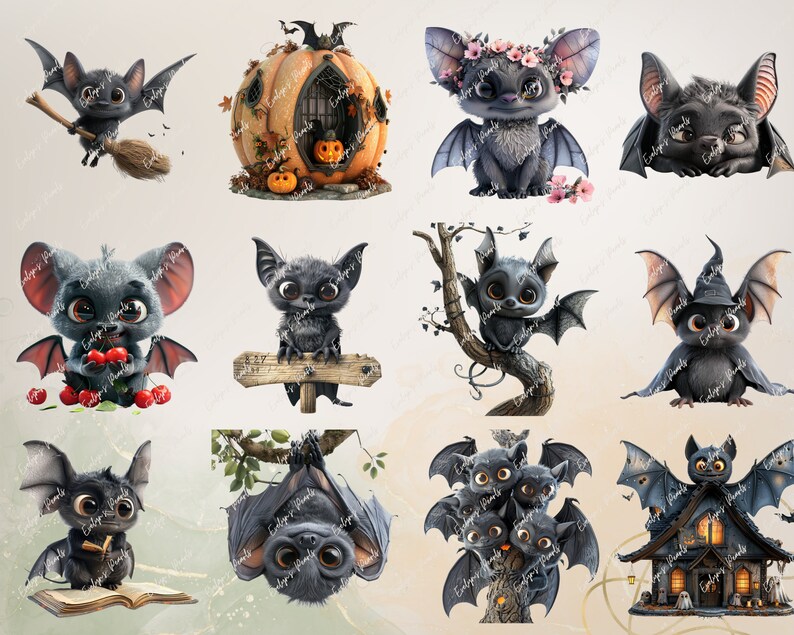 May include: A set of 10 digital clipart images featuring cute cartoon bats in various Halloween-themed poses. The bats are gray with big eyes and are depicted in scenes such as flying with a broom, holding a book, wearing a witch's hat, and sitting on a tree branch.