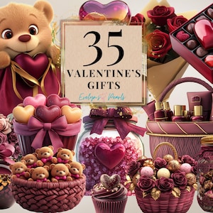 Valentine Gift Clipart Happy Valentine's Day PNG Red Flowers, Teddy Bear, Chocolates Clipart PNG Love Planner PNG  | Commercial Use Clipart