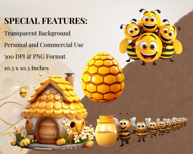 May include: A set of digital clipart featuring cartoon bees, a honeycomb house, a jar of honey, and a honeycomb ball. The bees are yellow and black with smiling faces. The house is yellow and brown with a door and windows. The jar of honey is yellow and has a white lid. The honeycomb ball is yellow and has a hexagonal pattern.