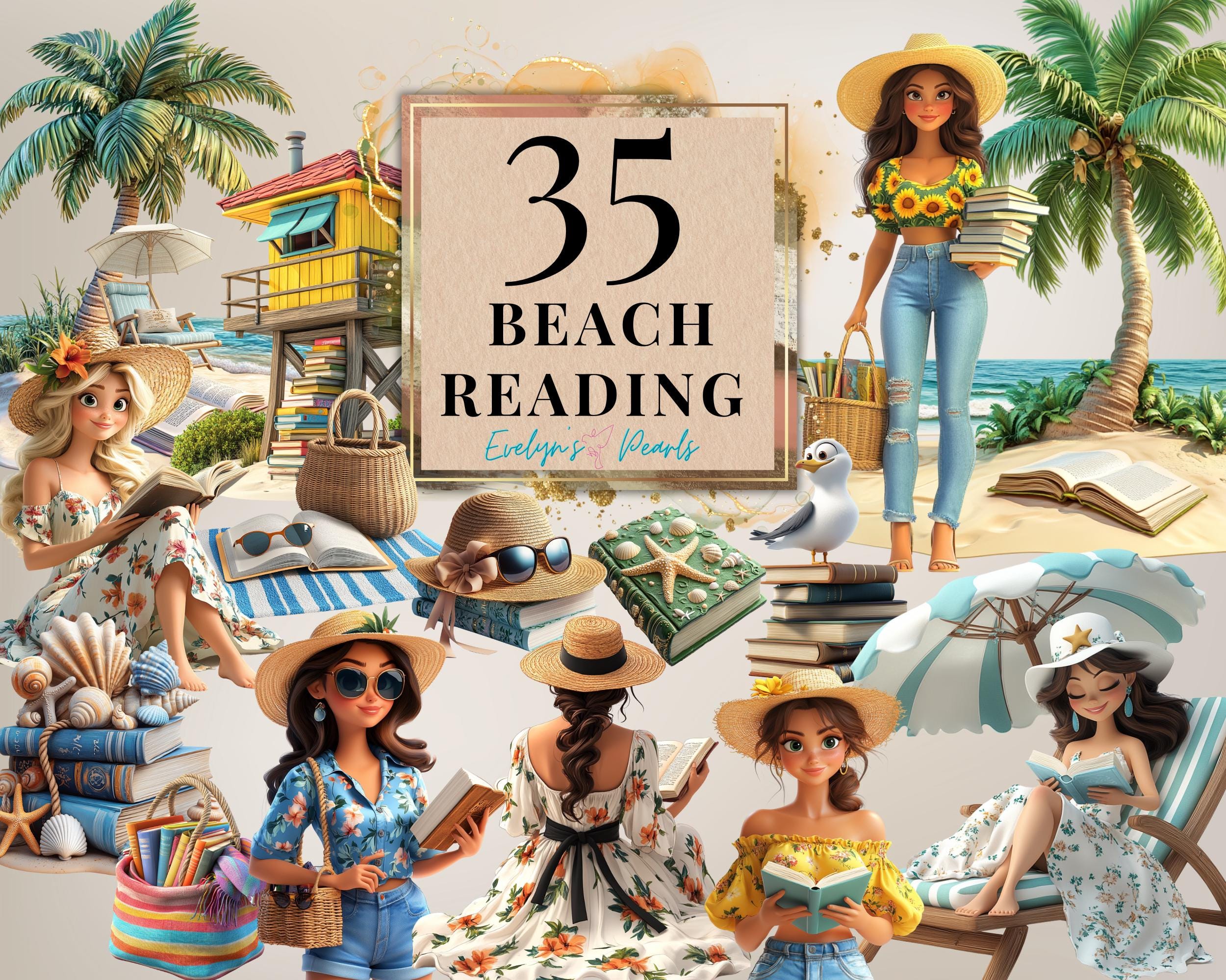 Beach Reading Clipart Beach Day PNG Ocean Lover Clipart Neutral Summer ...