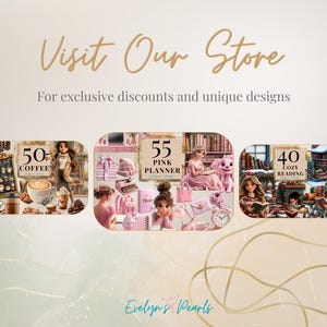May include: A collage of three images featuring different designs for planners and journals. The first image features a coffee theme with the text "50+ Coffee". The second image features a pink planner with the text "55 Pink Planner". The third image features a cozy reading theme with the text "40 Cozy Reading".